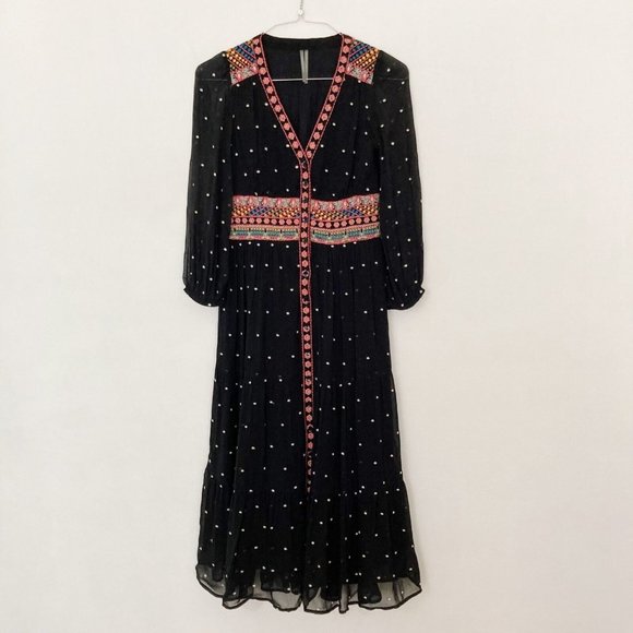 Anthropologie La Boheme Dress Women s 2 Black Polka Dot Embroidered Midi Dress